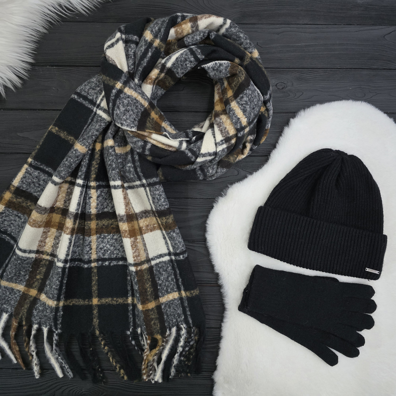 Комплект жіночий зимовий ангора з вовною на флісі (шапка+шарф+рукавички) ODYSSEY 56-58 см чорний 12705 - 8017- 4062, фото 1