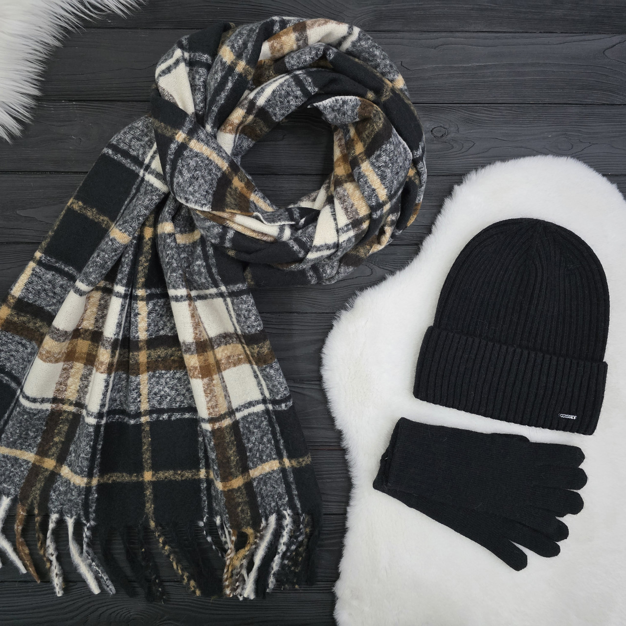 Комплект жіночий зимовий ангора з вовною на флісі (шапка+шарф+рукавички) ODYSSEY 56-58 см Чорний 12972 - 8017 - 4062, фото 1