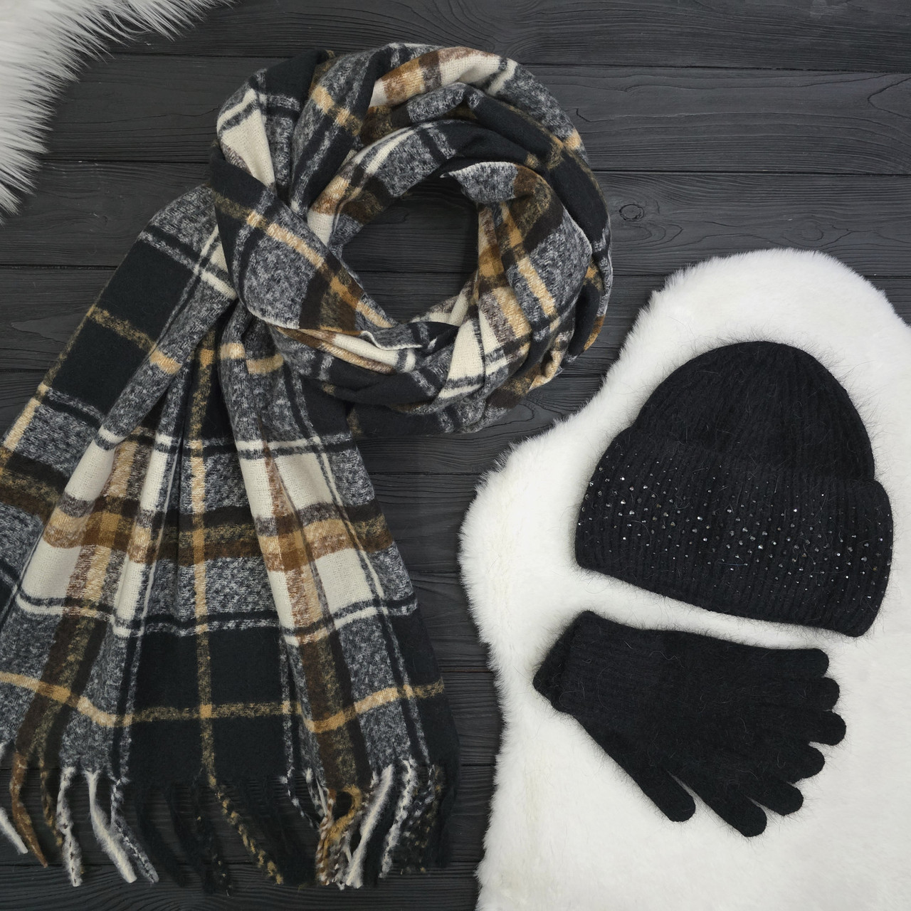 Комплект жіночий зимовий ангоровий на флісі (шапка+шарф+рукавички) ODYSSEY 56-59 см Чорний 14276 - 8017 - 4185, фото 1