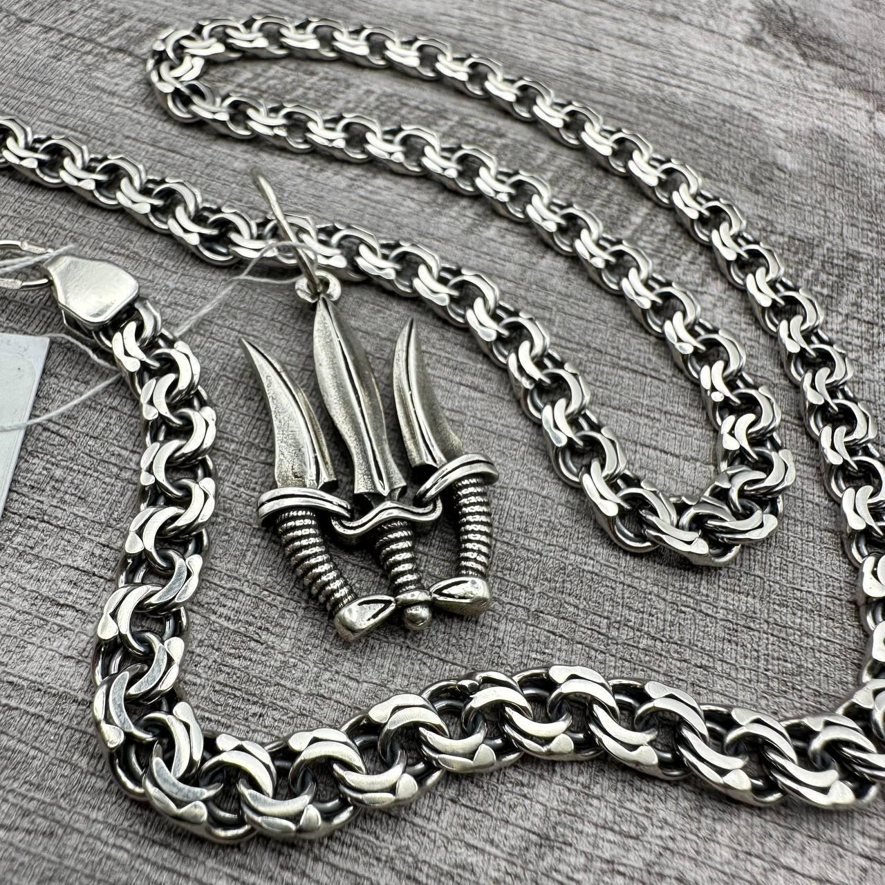 Чоловічий комплект герб України із мечами та ланцюжок  із чорнінням срібло 925 проба, фото 1