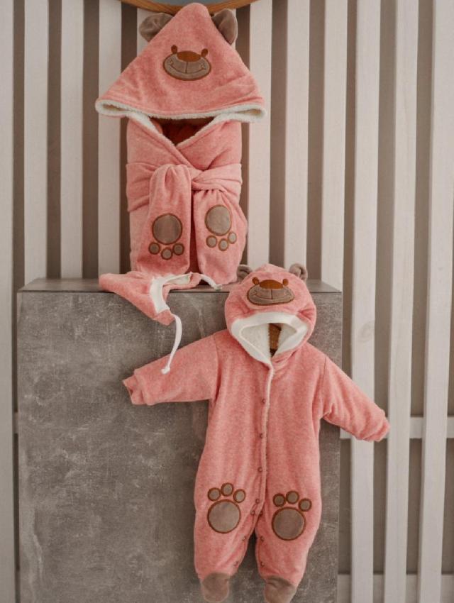 Зимовий комплект на виписку для новонароджених дівчаток набір Панда рожевий