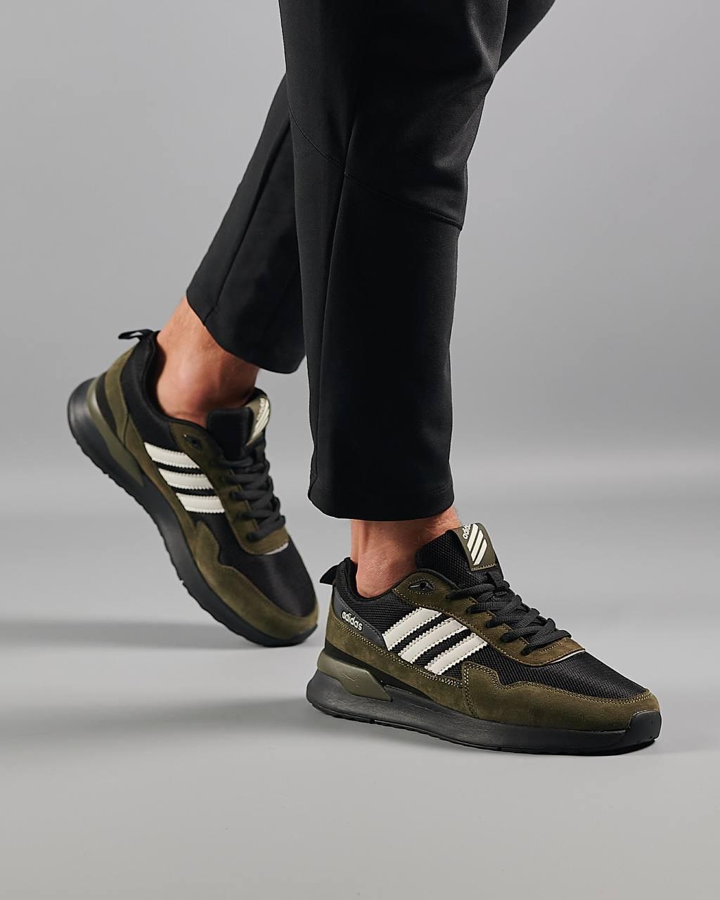 Чоловічі кросівки замшеві сітка Adidas Retropy Black Army Green, кеди Адідас замша сітка хакі. Чоловіче взуття
