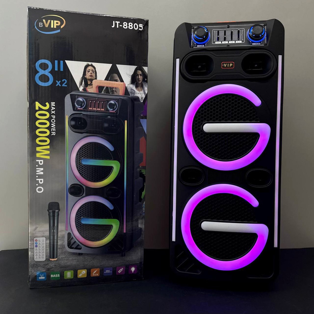 Безпровідна караоке колонка з мікрофоном та RGB-підсвічуванням VIP JT-8805 |3600 mAh, 8 inch*2| Чорний 47611