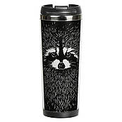 Термокухоль непроливайка 380 мл, питний, з кришкою, малюнком принтом написом Єнот, подарункові термокружки для кави, чаю, в машину