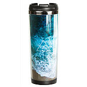 Термокухоль непроливайка 380 мл, питний з кришкою, малюнком принтом написом Океан, подарункові термокружки для кави, чаю, в машину