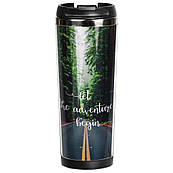 Термокухоль непроливайка 380 мл питний з кришкою, малюнком принтом написом Пригоди, подарункові термокружки для кави, чаю в машину