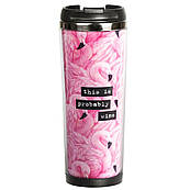 Термокухоль непроливайка 380 мл питний з кришкою, малюнком принтом написом Фламінго, подарункові термокружки для кави чаю в машину