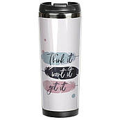 Термокухоль непроливайка 380 мл питний з кришкою, малюнком принтом написом Бажай, подарункові термокружки для кави, чаю в машину