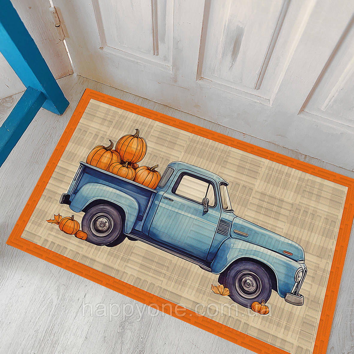 Прикольний придверний килимок у передпокій з дизайном "Вантажівка з гарбузами", фото 1