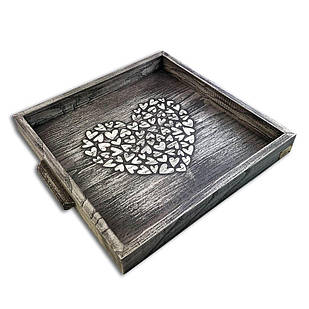 Піднос дерев'яний 30х30 Cерце сірий вінтаж хрп132х324св