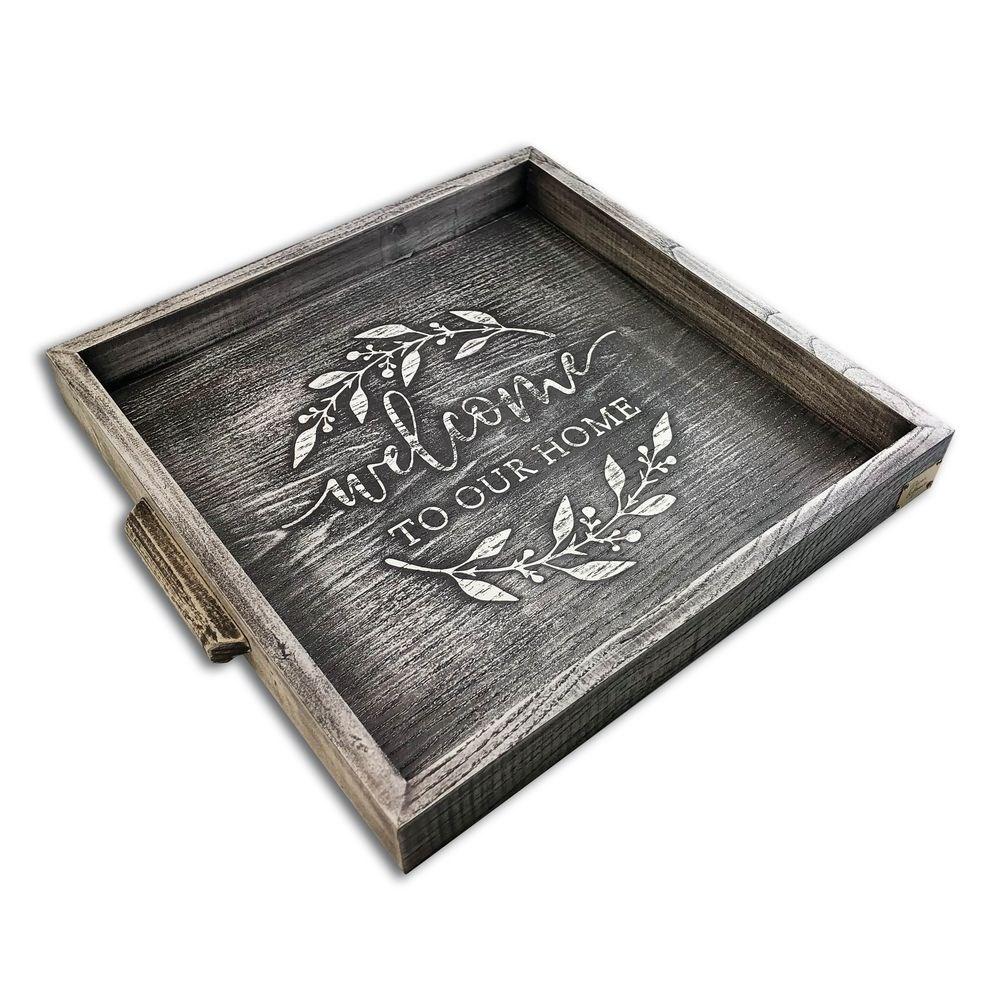 Піднос дерев'яний 30х30 Welcome to our home сірий вінтаж хрп132х322сва, фото 1