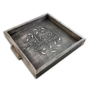 Піднос дерев'яний 30х30 Welcome to our home сірий вінтаж хрп132х322сва