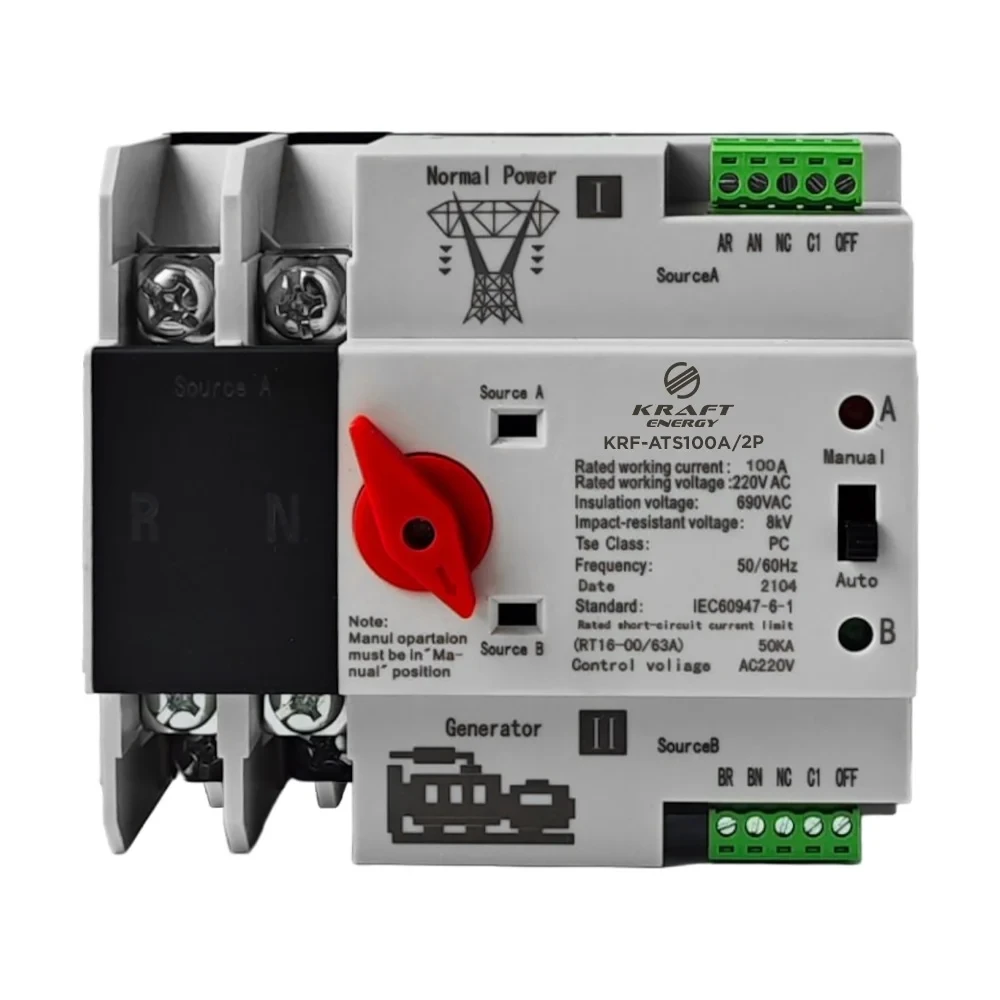 Автоматичний перемикач АВР під DIN-рейку Kraft KRF-ATS100A/2p 2 полюси, фото 1