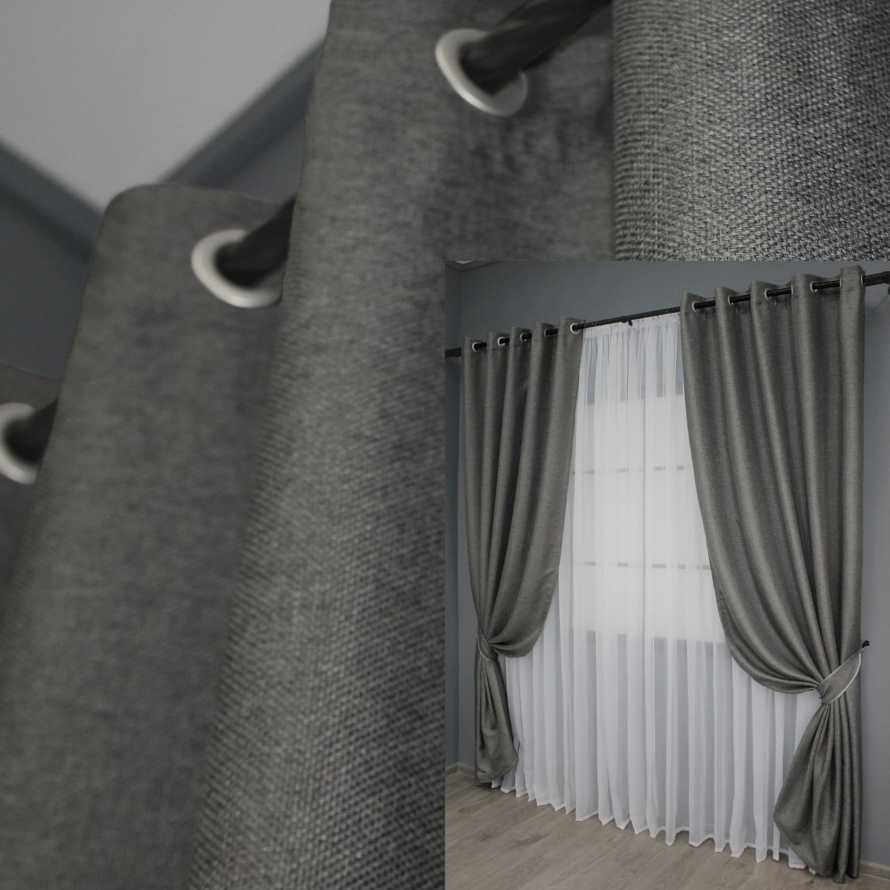 Комплект (2шт. 1,5х2,5м.) штор на люверсах з тканини льон "Льон Мішковина". Колір сірий. Код 288ш 37-0010, фото 1