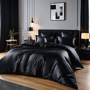 Простирадло 150х220 (Сатин Premium) | Полуторне простирадло від виробника "Королева Ночі" | Однотонний чорний