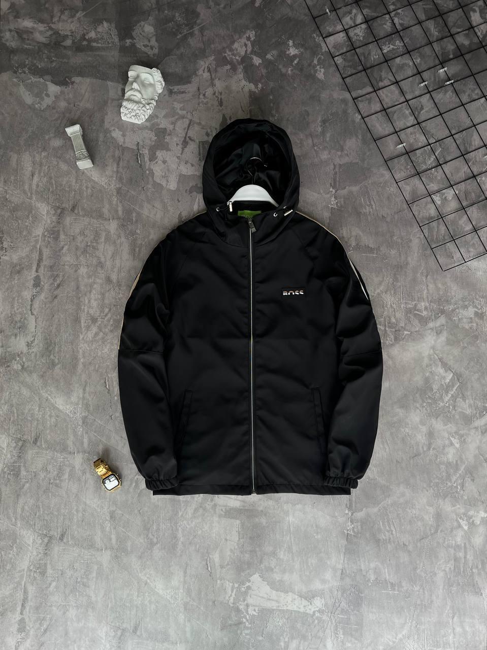 Чоловіча ветровка Hugo Boss чорна з капюшоном весняна осіння Куртка Хьюго Босс з плащової тканини