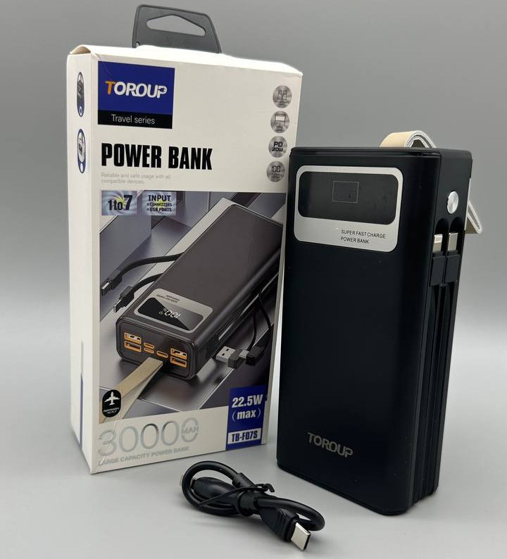 🖤Повербанк Powerbank TOROUP TB-F07S 7в1 30000mAh PD20W 22.5W швидка зарядка, ліхтар, дисплей, ремінець Чорний, фото 1