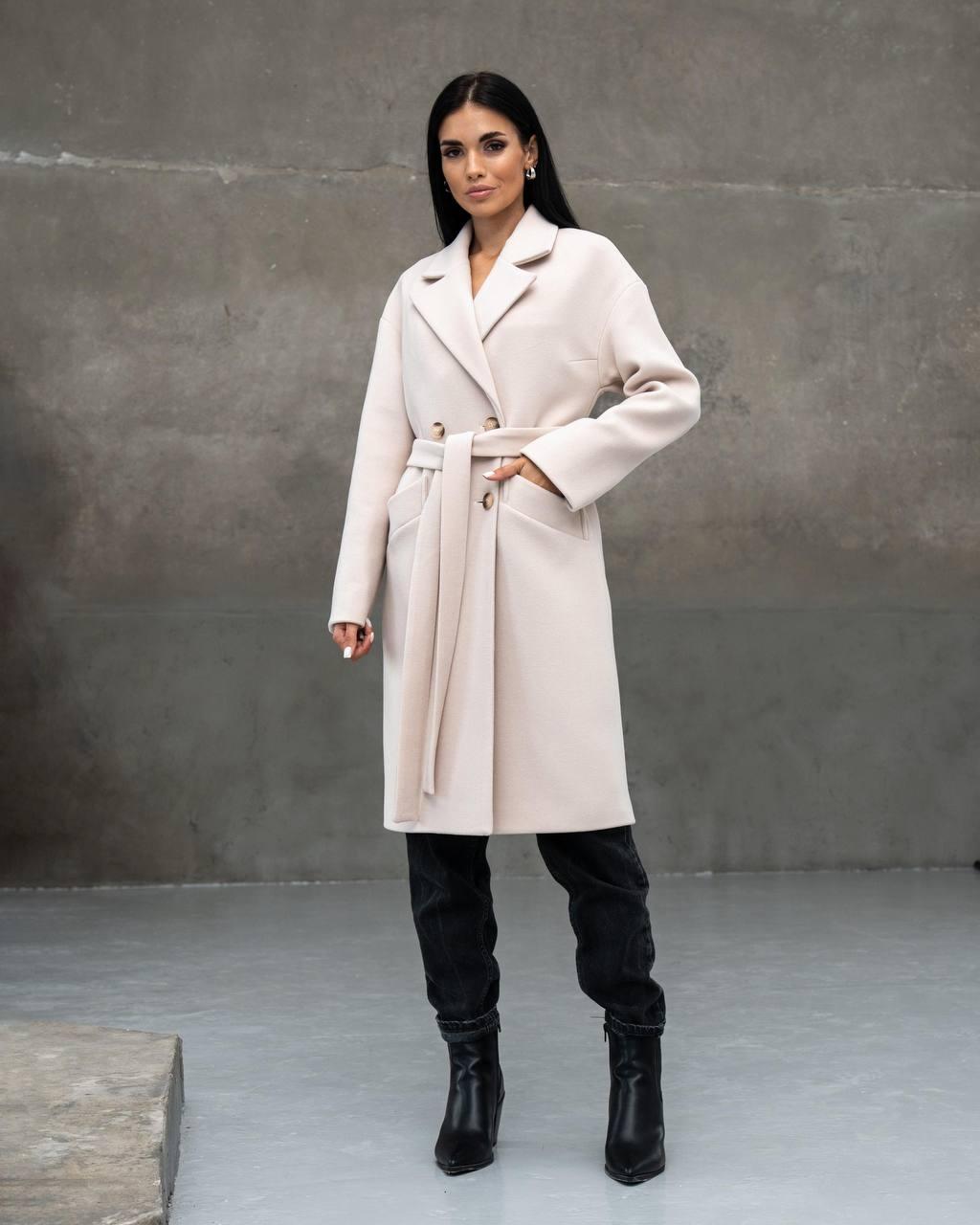 Зимове тепле двобортне жіноче утеплене пальто з італійського кашеміру молочного кольору, фото 1