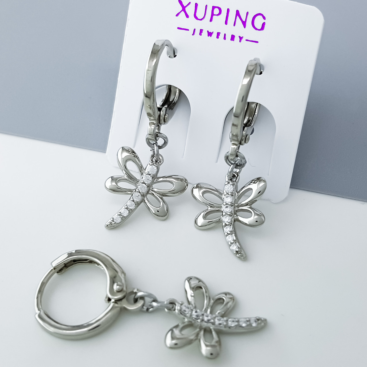 Сережки підвіски "Стрекоза" з розсипом каміння, медичне золото Xuping, родій, фото 1