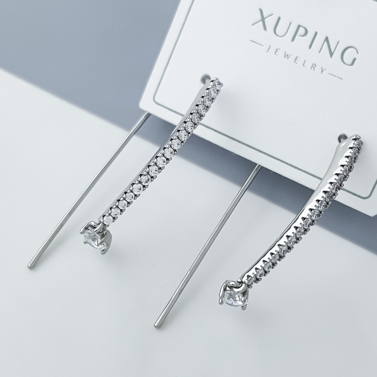 Сережки "Дуга" з розсипом каміння, медичне золото Xuping, родій