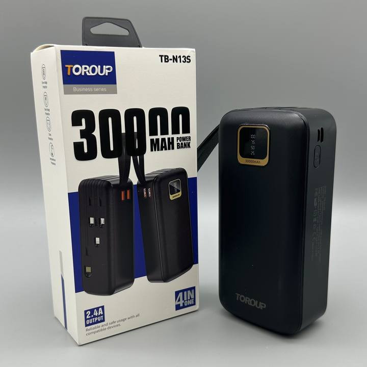 🖤Повербанк Powerbank TOROUP TB-N13S 4в1 30000mAh 2.4А швидка зарядка, дисплей, ремінець Чорний, фото 1