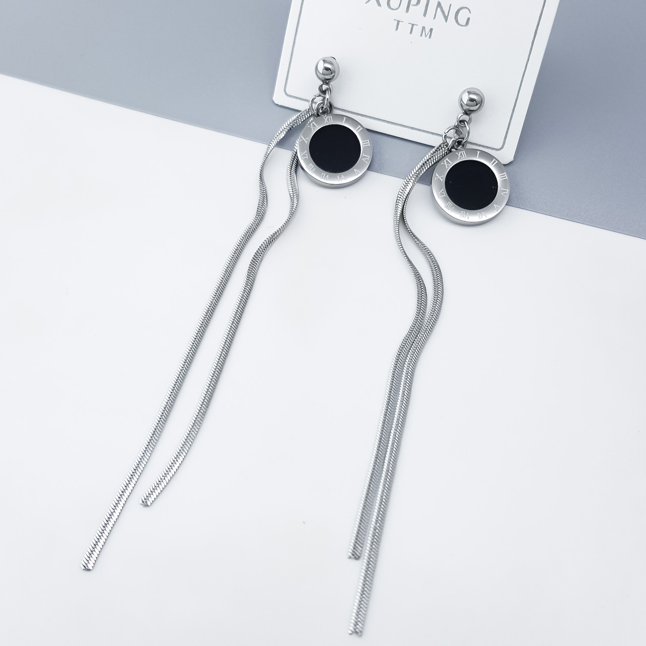 Сережки гвоздики "Дощик" з чорною вставкою, медичне золото Xuping, stainless steel, родій