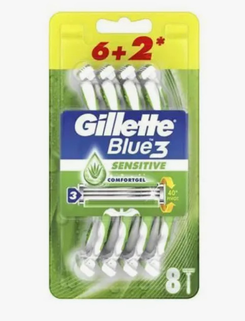 Бритви одноразові GILLETTE BLUE 3 Sensetiv Comfortgel 8шт зелені (7702018505678)