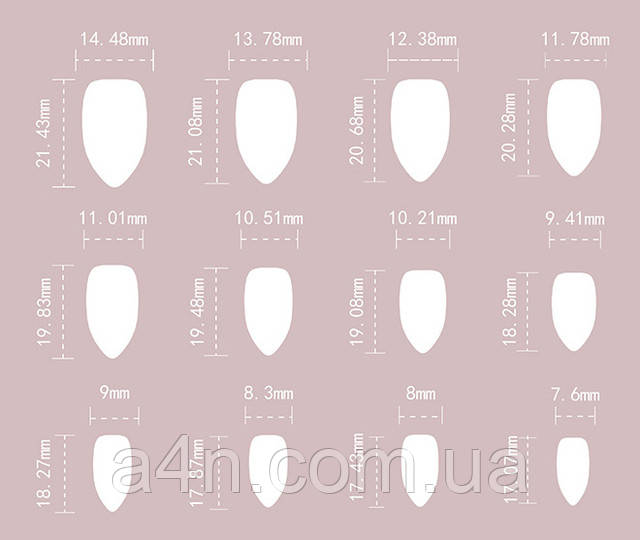 Накладные ногти - Интернет-магазин A4N Размеры накладных ногтей