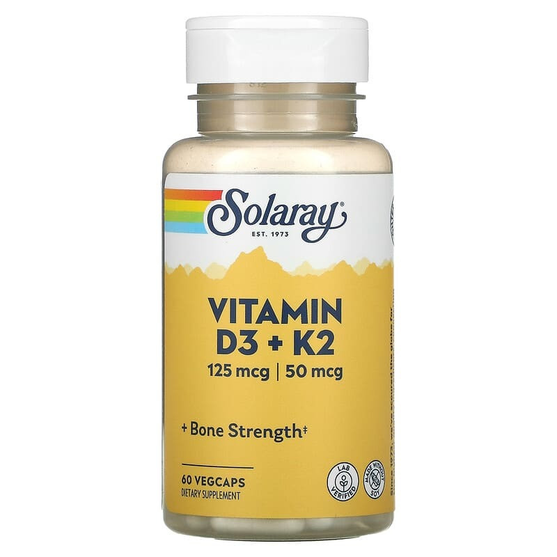 Вітаміни Д3 + К2 Solaray Vitamin D3 + K2 для кісток зв'язок суглобів 60 капсул, фото 1