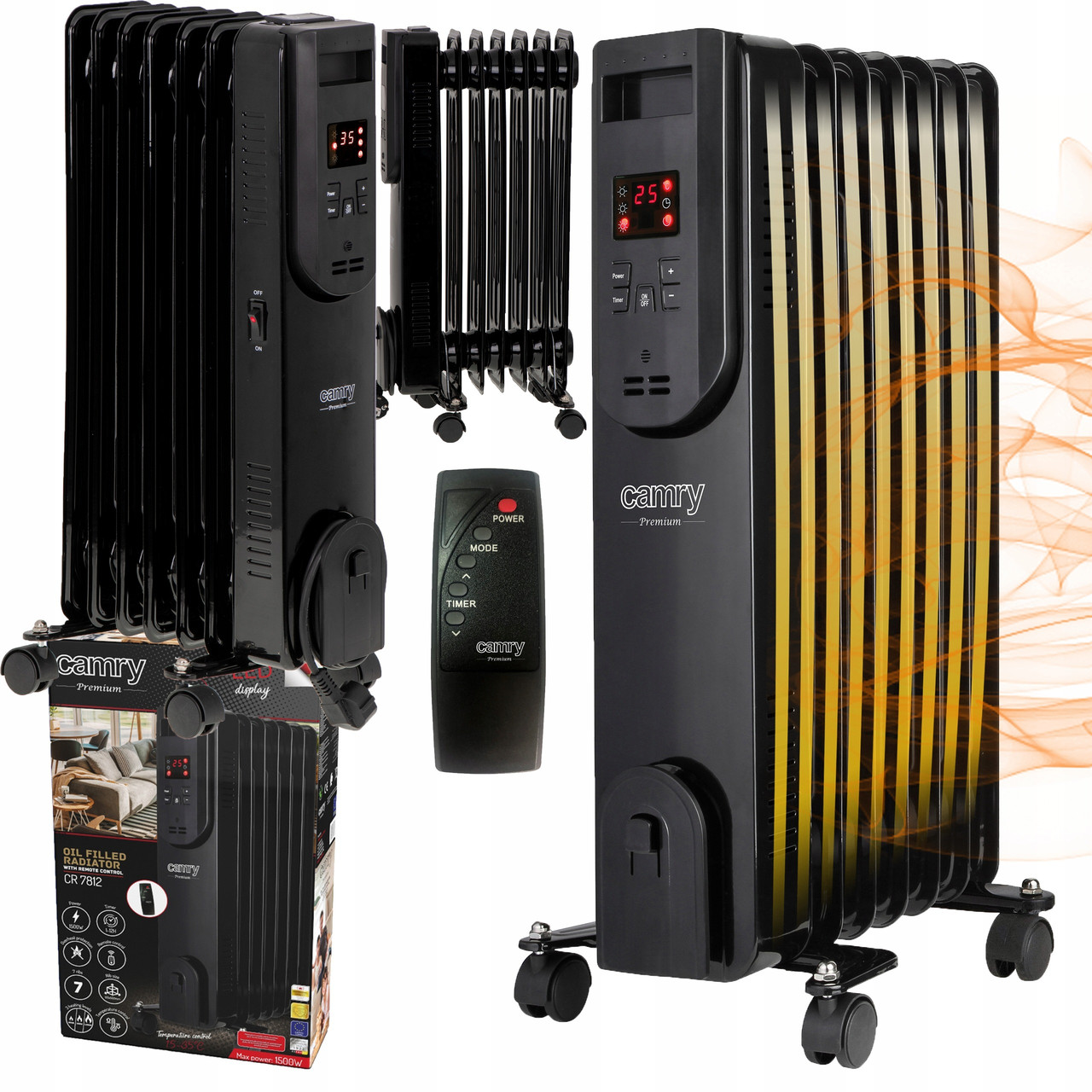 Оливний радіатор, нагрівач Camry CR 7812 (1500 Вт, пульт, дисплей, таймер, 7 ребер, Польща), фото 1