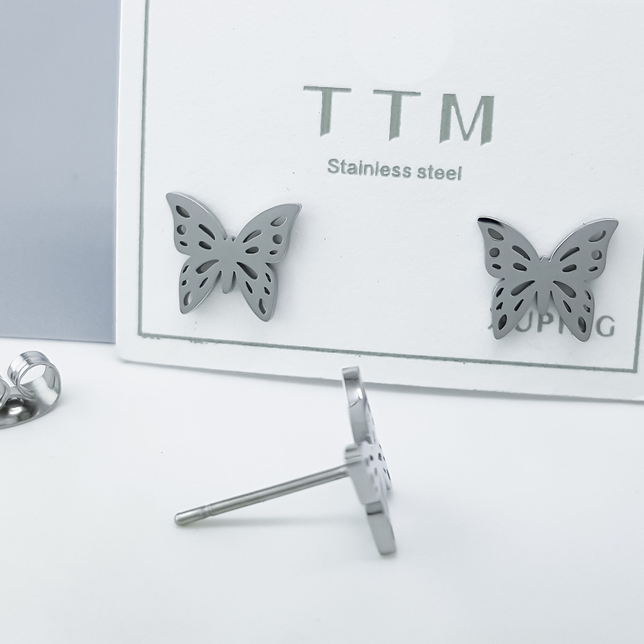 Сережки цвяшки "Ажурні Метелики" без каміння, медичне золото Xuping, stainless steel, родій