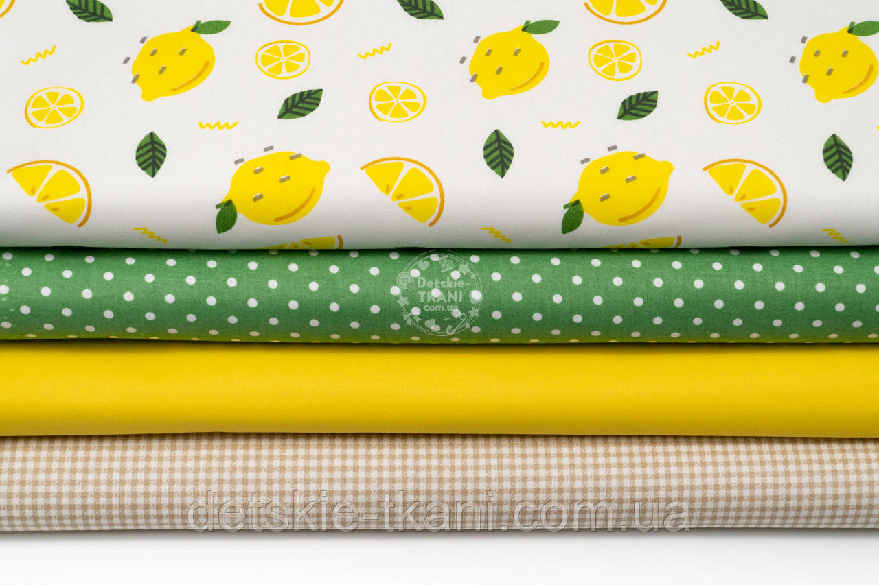 Набір тканин 40*40 см із 4 штук "Лимони із зеленими листочками", фото 1