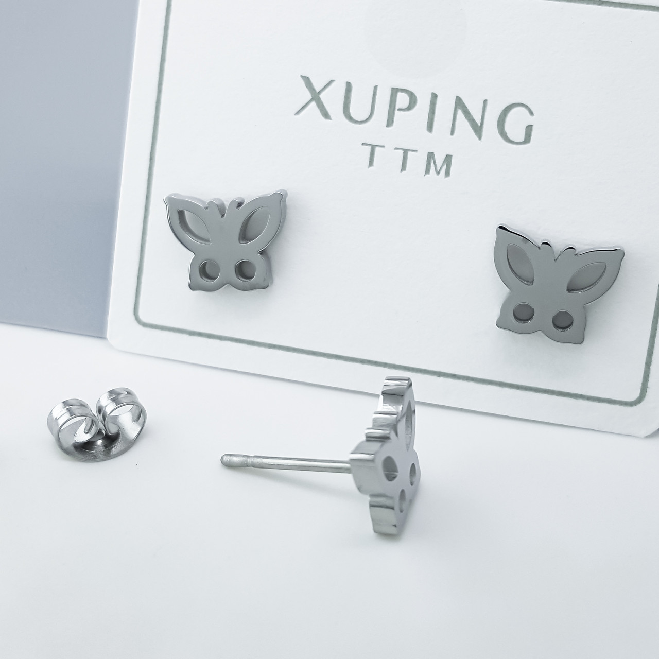 Сережки цвяшки "Ажурні Метелики" без каміння, медичне золото Xuping, stainless steel, родій