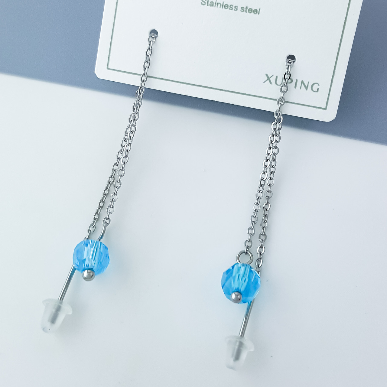 Сережки протяжки "Блакитна Куля", медичне золото Xuping, stainless steel, родій