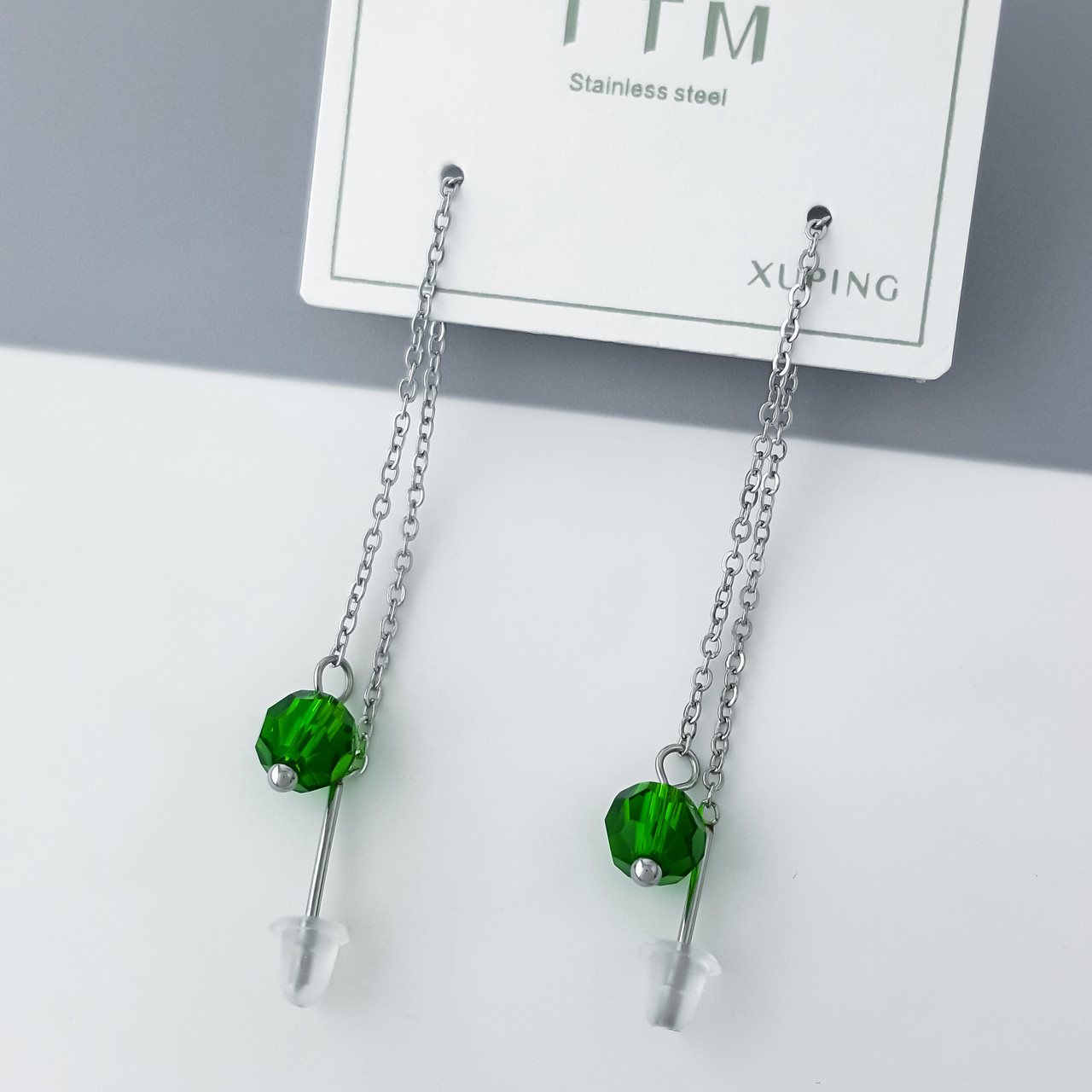 Сережки протяжки "Зелена Куля", медичне золото Xuping, stainless steel, родій