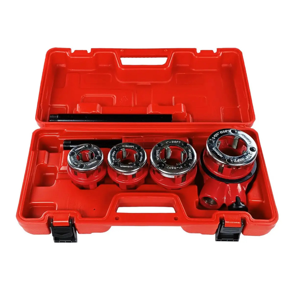 Набір трубних клупів Haisser з тріскачкою в кейсі — 4 розміри для нарізання різьби: 1/2", 3/4", 1", 1 1/4", фото 1