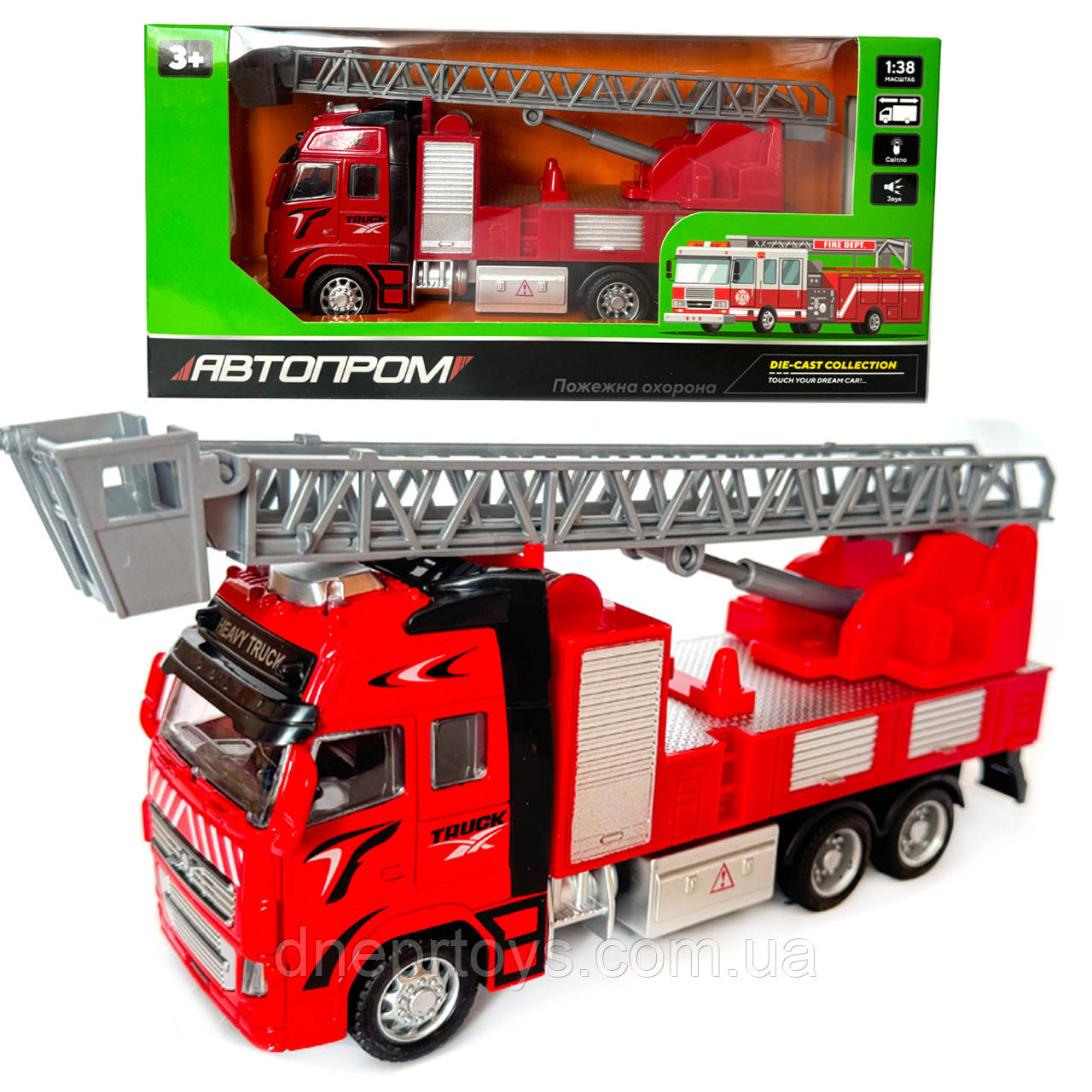 Машина пожежна метал пластик 1:38 звук світло інерція Автопром 24*5,5*10,5см (AP7513C), фото 1
