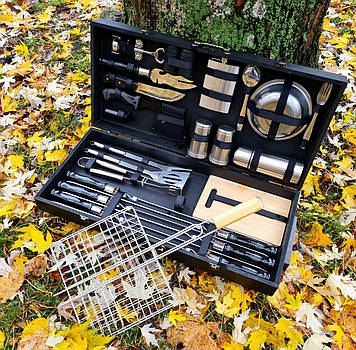 Набір шампурів для пікніка в дерев'яному кейсі "Грізлі Блек" + безкоштовне гравіювання та доставка