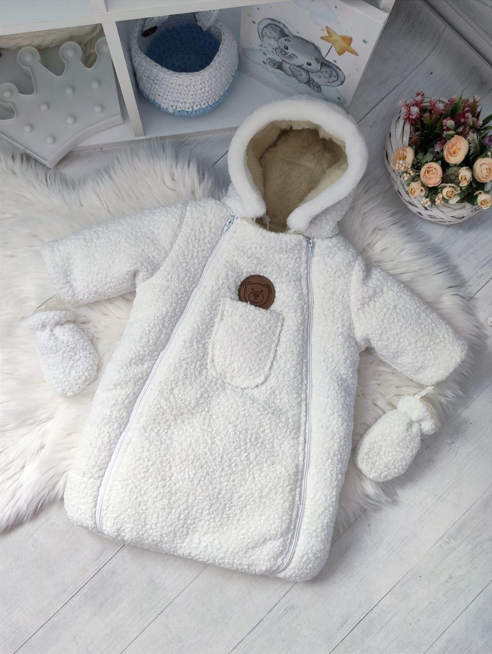 Зимовий дитячий теплий комбінезон для новонародженого на овчині 0-6 місяців підійде для виписки