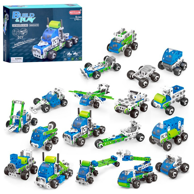 Конструктор металевий J-7761, на шурупах, транспорт, 175 деталей, валіза, фото 1