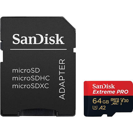 Картка пам'яті MicroSDXC 64 GB UHS-I U3 R200/W90MB/s SanDisk Extreme Pro V30 + SD-адаптер (SDSQXCU-064G-GN6MA), фото 1