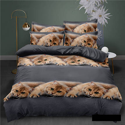 Постільна синтетична тканина 220 см Поліестер 75 сірого кольору з принтом 3Д коти, у рулоні 60 м, фото 1