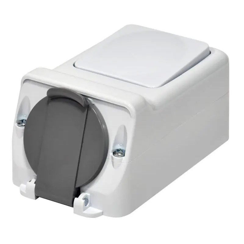 Комбінація вимикач "прохідний" + розетка 2Р+РЕ Schuko 10/16A 250V ETI PRV-3 полікарбонат IP44, фото 1