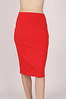 Юбка-карандаш по колено, классическая, трикотажная, однотонная, женская. Красный 38