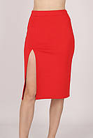 Женская трикотажная юбка-карандаш по колено с разрезом на ноге, однотонная. Красный 38