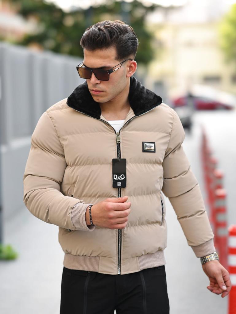 Чоловіча світла куртка пілот Dolce & Gabbana зимова, теплий чоловічий короткий пуховик D&G на манжеті бежевий