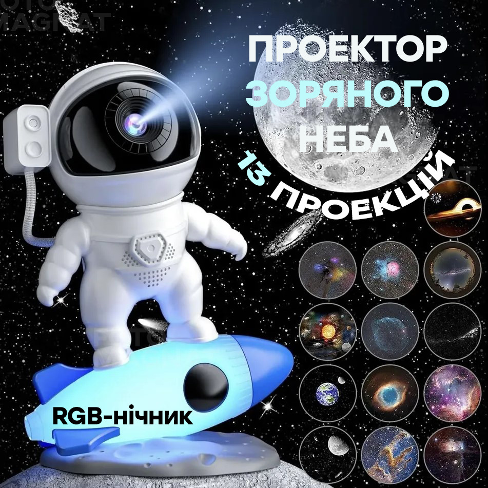 Проектор-нічник зоряного неба космонавт - Домашній світильник планетарій 360°, RGB-нічник, 13 космічних слайдів, таймер сну