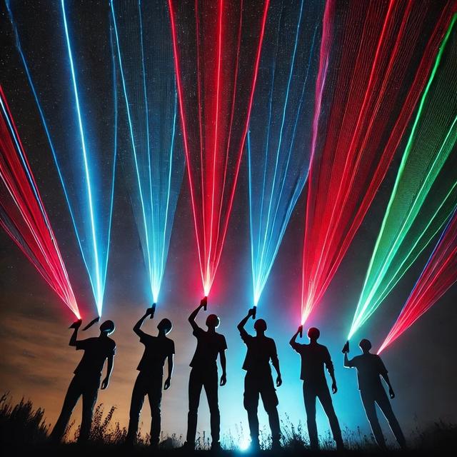Нічне зображення, де кілька людей світять у небо червоними, синіми та зеленими лазерними указками. Кожен промінь чітко сфокусований, виходячи з вказівки, без роздвоєння. Темний нічний фон посилює контраст яскравих лазерів, створюючи динамічне та захоплююче видовище.