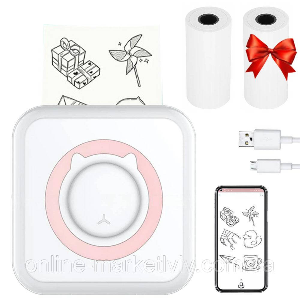 Портативний Bluetooth принтер + Подарунок 1шт термопаперу / Міні принтер для друку з телефону / Термопринтер, фото 1