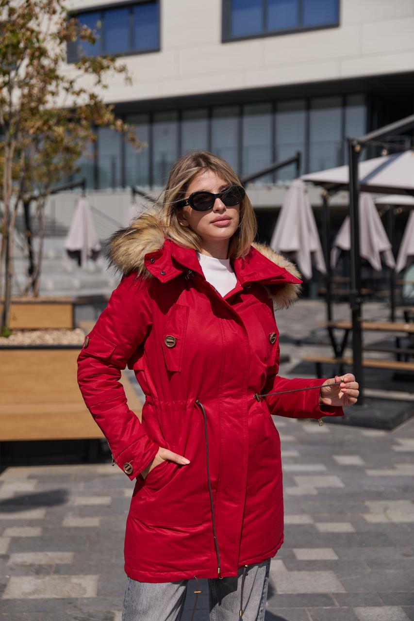Зимова червона жіноча тепла парка зі штучним хутром, фото 1